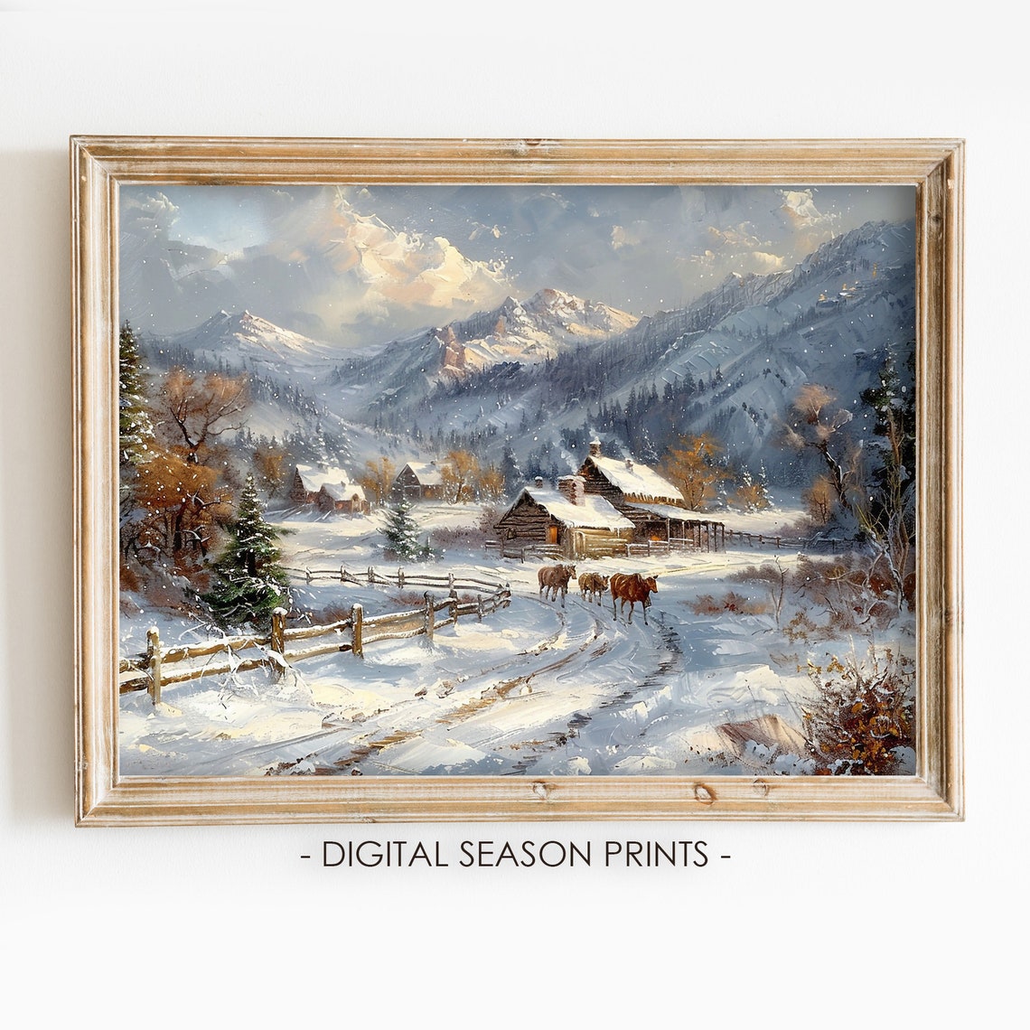 Snowy Mountain Village Cabins Rustic Winter Landscape Painting Poster