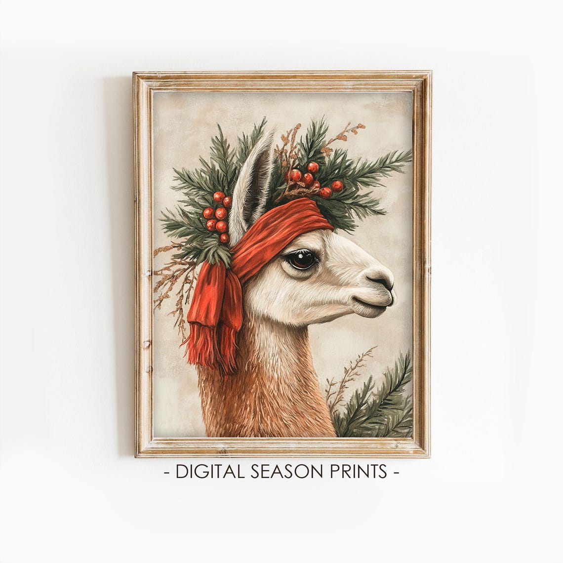 Christmas Llama Wearing A Pine Wreath Berries And Red Scarf Poster