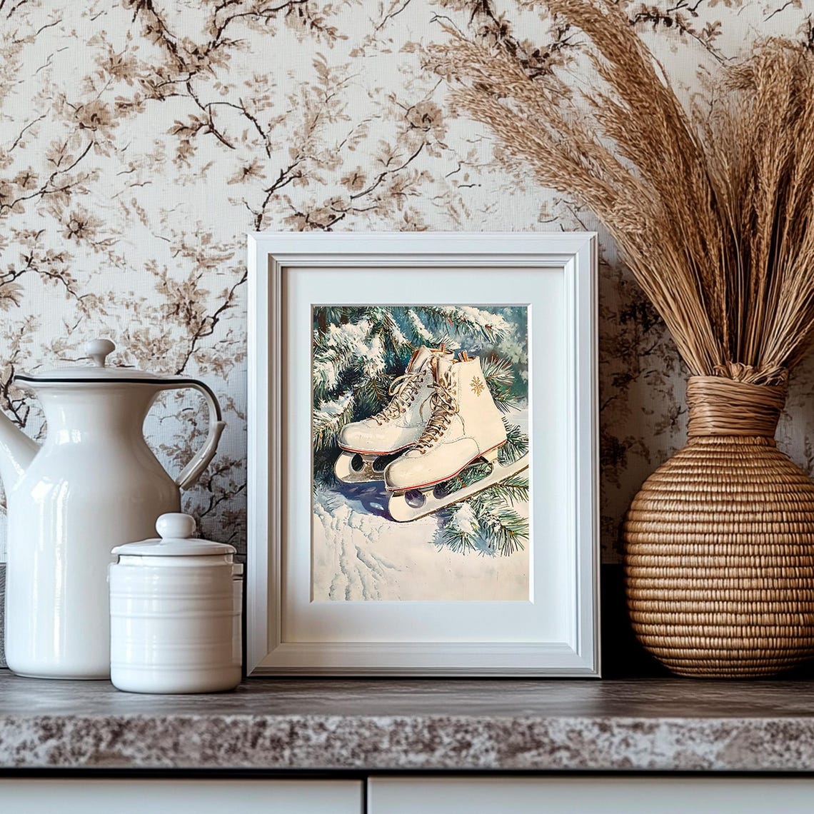 Vintage White Ice Skates On Snowy Pine Branches Holiday Painting Print - Image 4