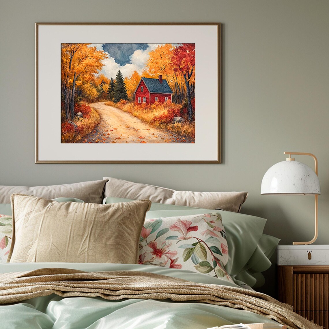 Red Cabin in Blazing Autumn Woods Colorful Fall Foliage Landscape Poster - Image 3