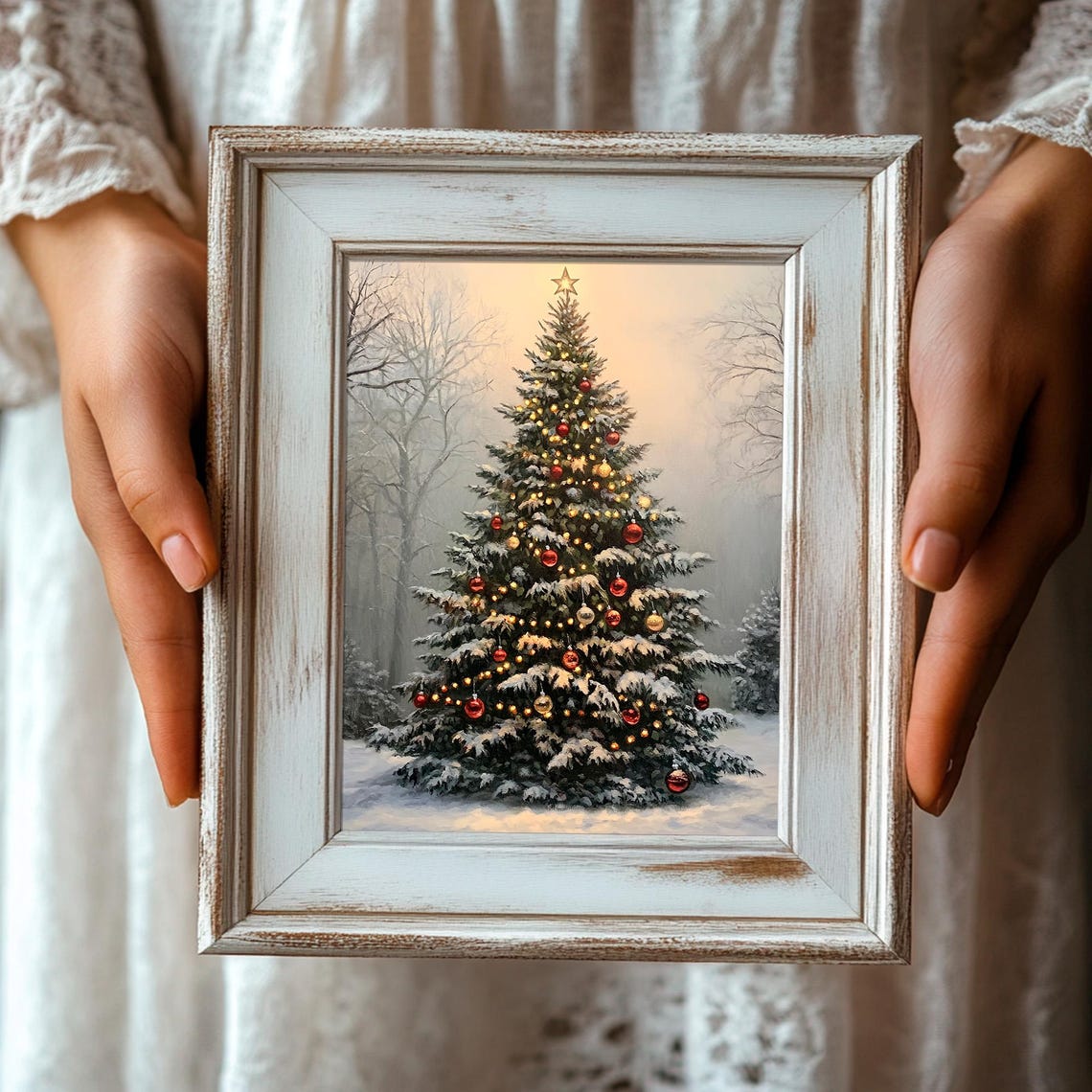 Snowy Christmas Tree With Red Ornaments And Glowing Lights Poster - Image 3