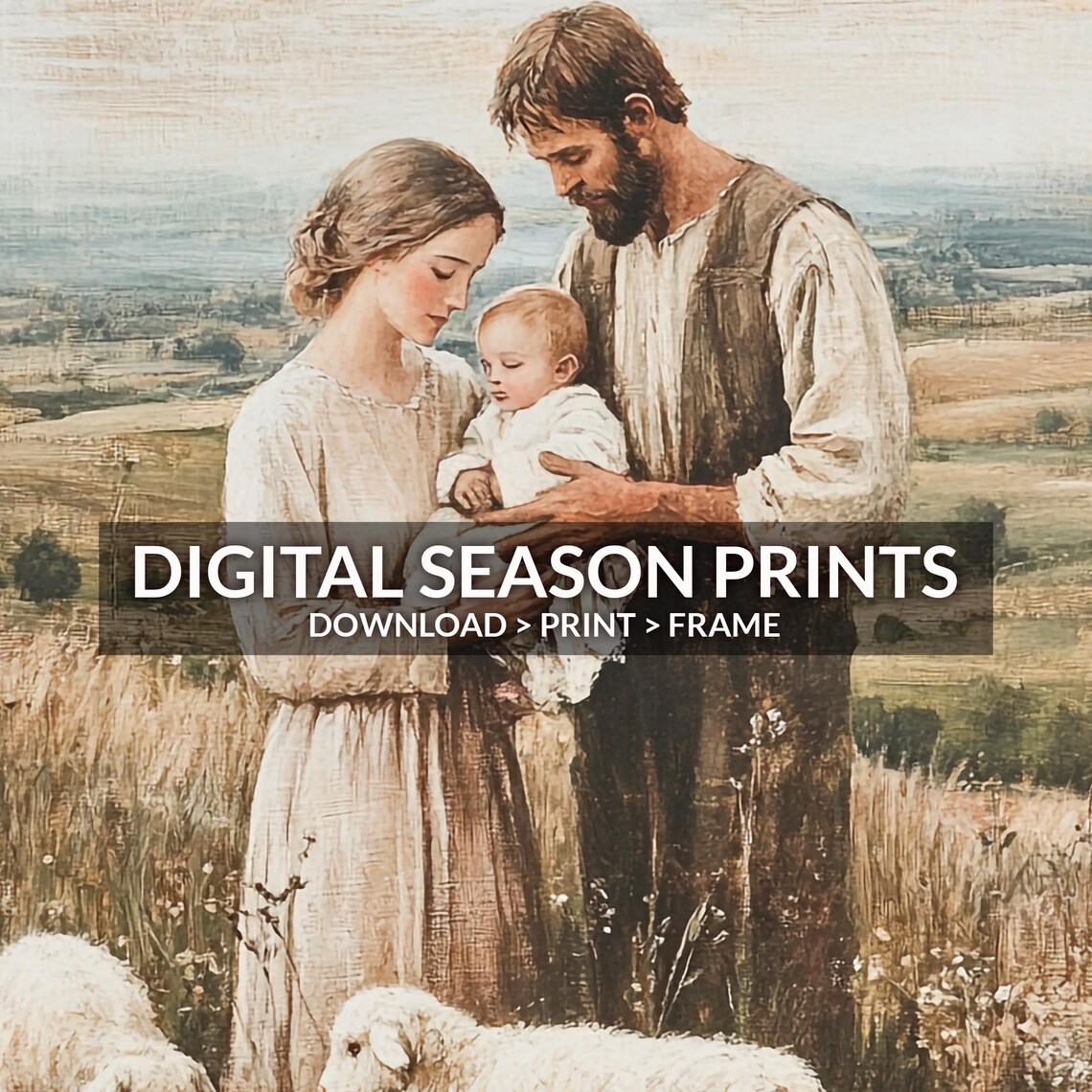 Holy Family with Baby Jesus and Lambs in Pastoral Field Print - Image 6