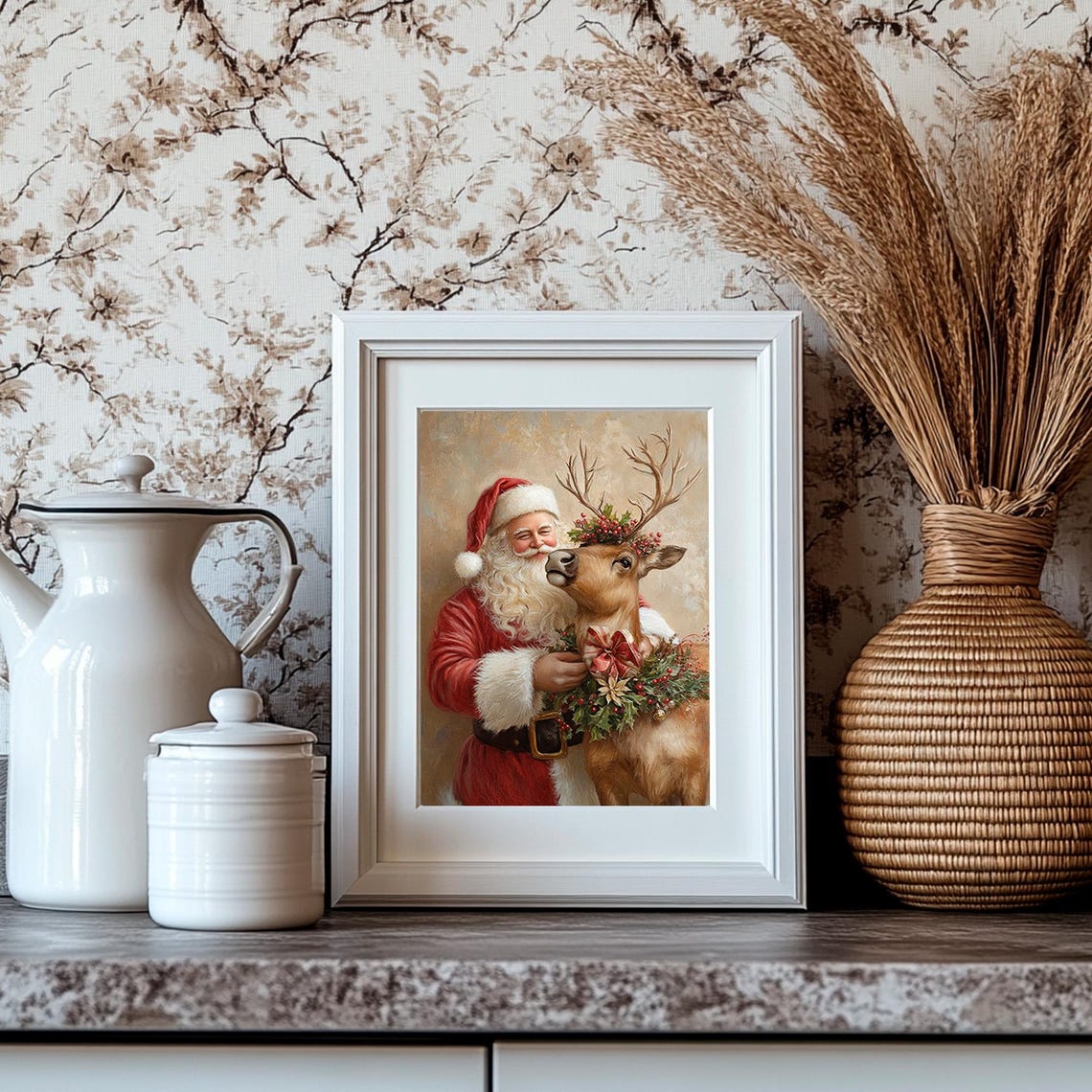 Vintage Santa Claus With Reindeer Wearing Christmas Wreath Poster - Image 4