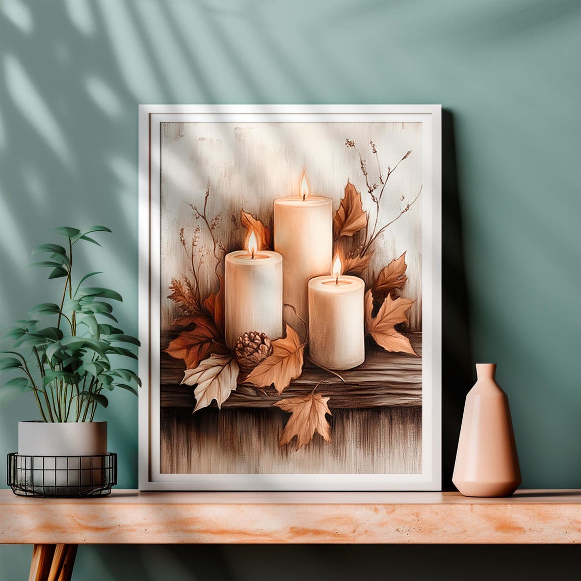 Three Lit Fall Candles With Autumn Leaves And Pinecone Poster - Image 4