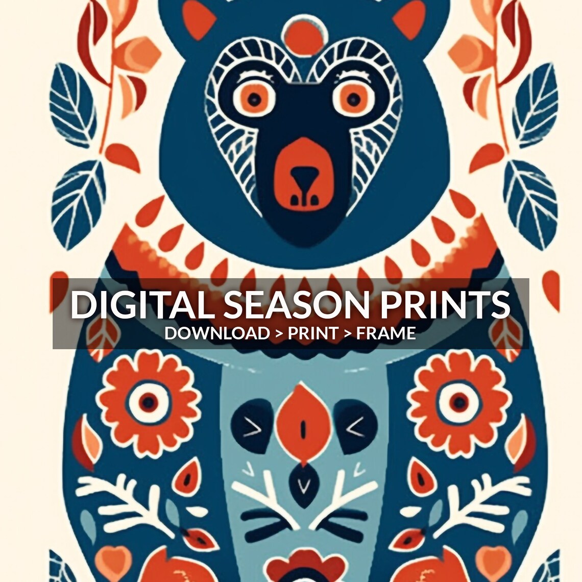 Scandinavian Folk Art Bear Blue Orange Floral Animal Painting Poster - Image 6