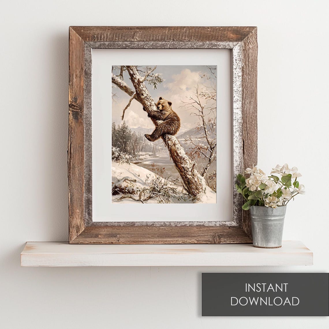 Rustic Winter Bear Cub Climbing Snowy Tree Vintage Forest Poster - Image 6