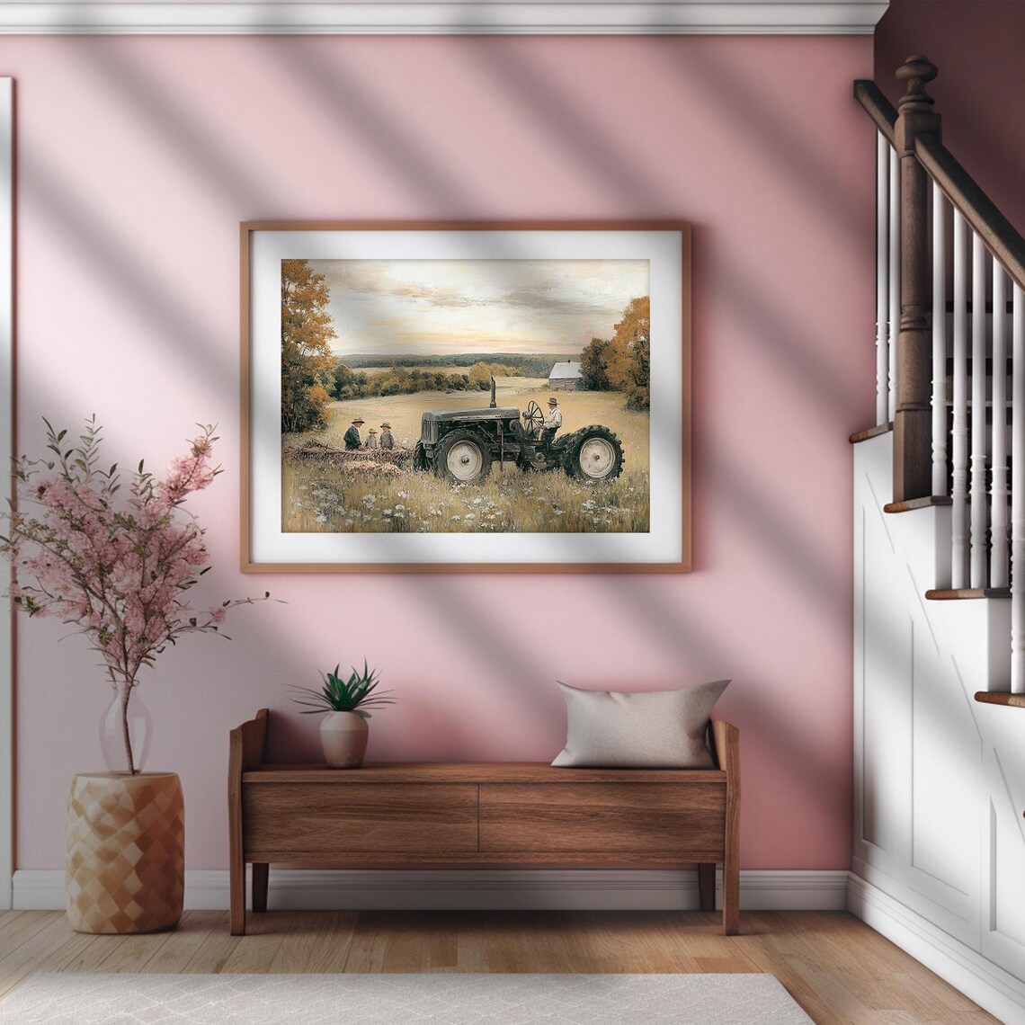 Vintage Green Tractor with Farmers in Golden Field at Dusk Print - Image 2