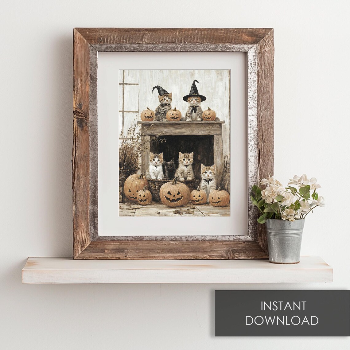 Witch Hat Kittens Fireplace Mantel Pumpkin Display Halloween Cat Poster - Image 6