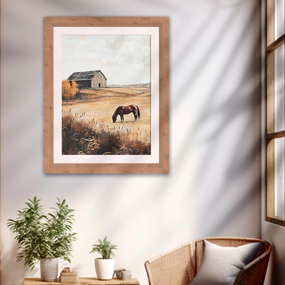 Horse Grazing in a Golden Field Before an Old Barn Autumn Poster - Image 2