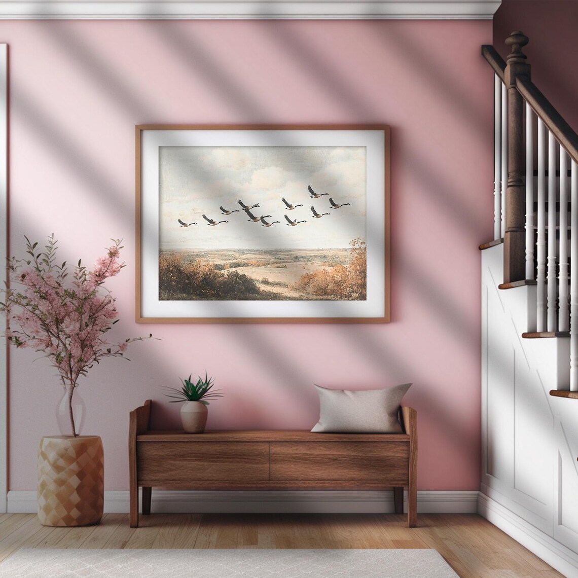 Canada Geese Flying Over Autumn Farmland Vintage Landscape Print - Image 2