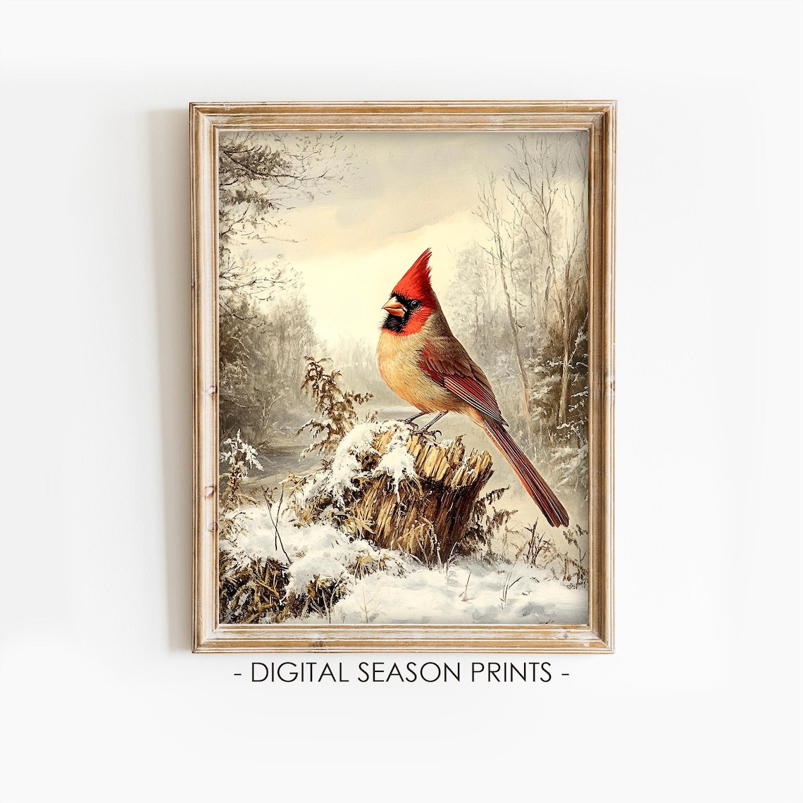 Red Cardinal Snowy Stump Vintage Winter Woodland Bird Painting Poster