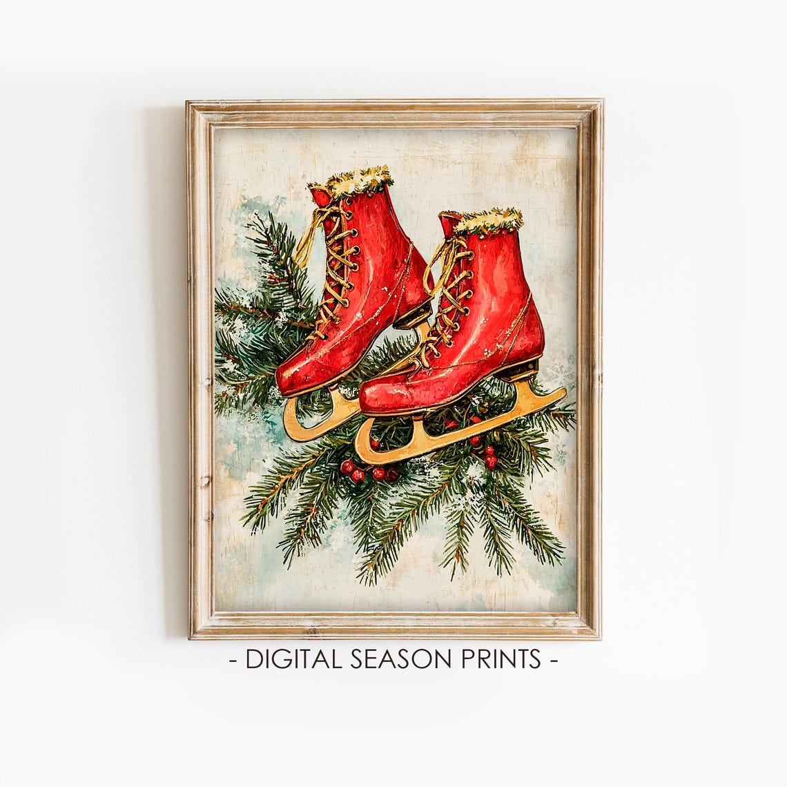 Red Ice Skates Pine Branch Festive Vintage Christmas Wall Art