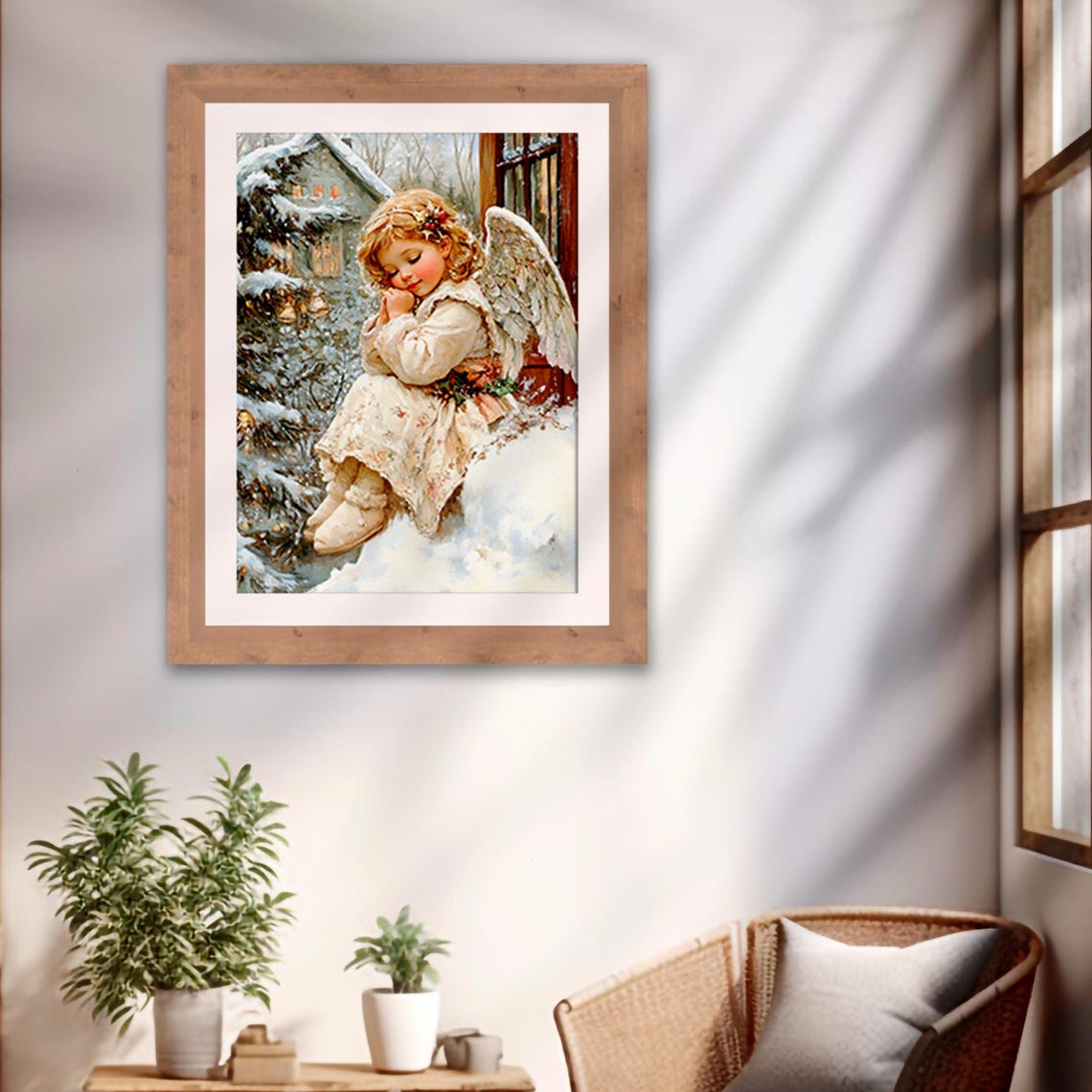 Vintage Praying Angel Child Snowy Winter Window Christmas Print - Image 2
