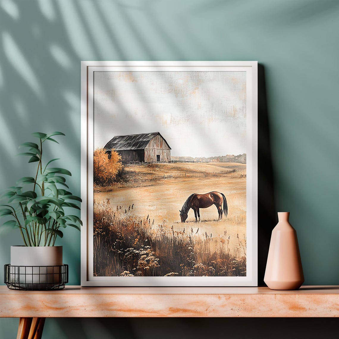 Horse Grazing in a Golden Field Before an Old Barn Autumn Poster - Image 4
