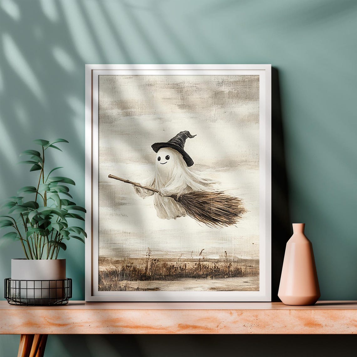 Cute Ghost in a Witch Hat Flying on a Broom Vintage Halloween Poster - Image 4
