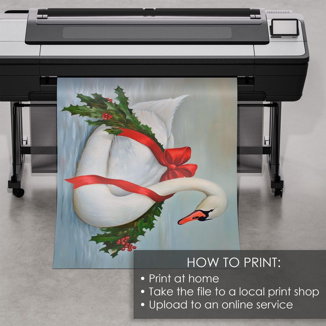 White Swan Holly Wreath Red Bow Elegant Christmas Bird Art Print - Image 5