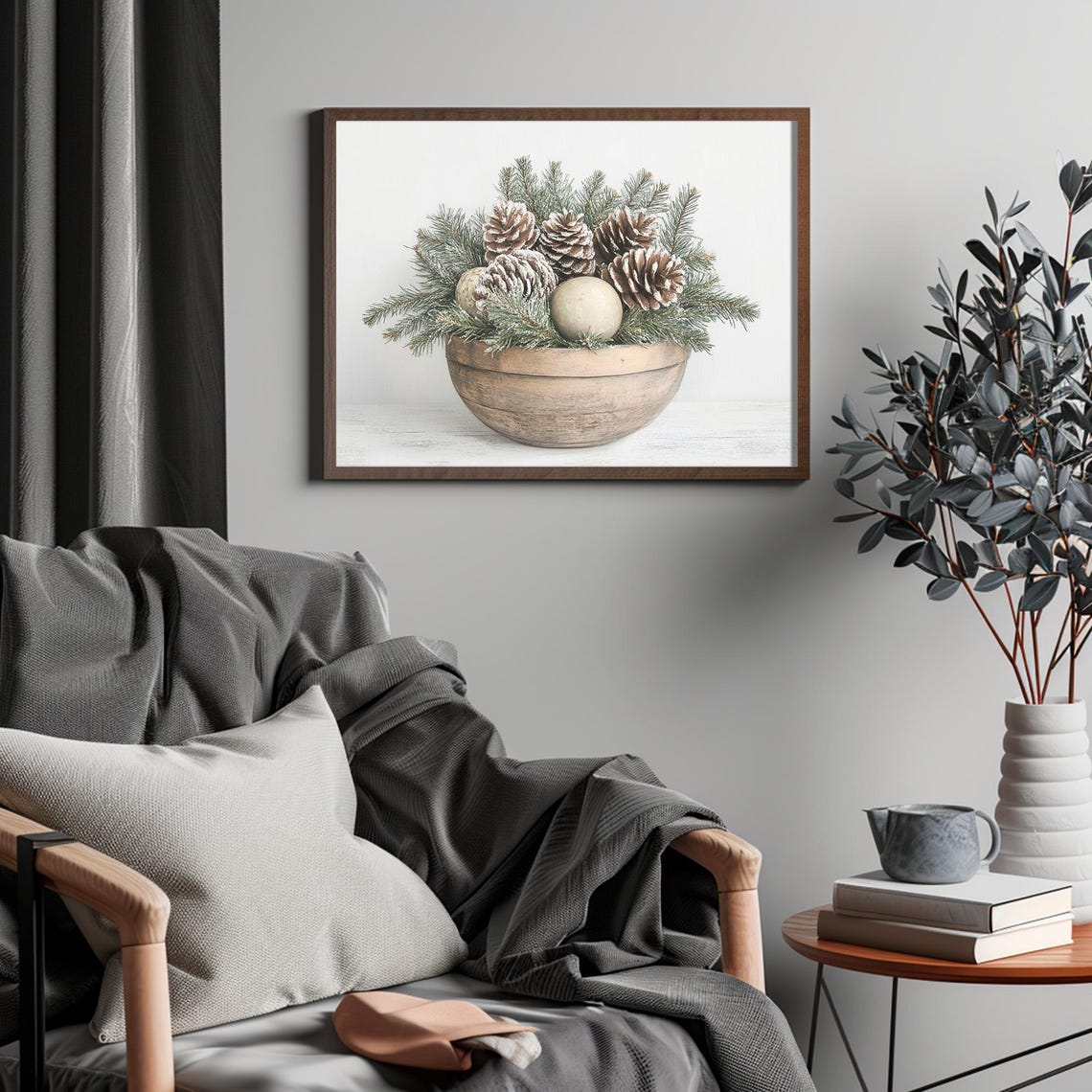 Rustic Frosted Pinecone Winter Bowl Christmas Still Life Wall Art - Image 4