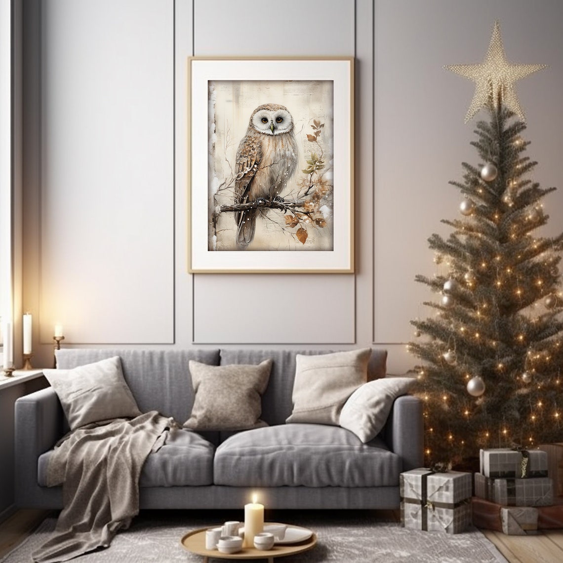Vintage Winter Owl Perched On A Snow Dusted Branch Painting Poster - Image 5