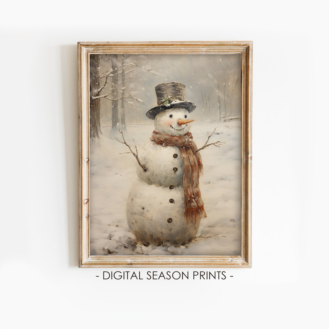 Cheerful Vintage Snowman in Top Hat and Scarf in Snowy Woods Print