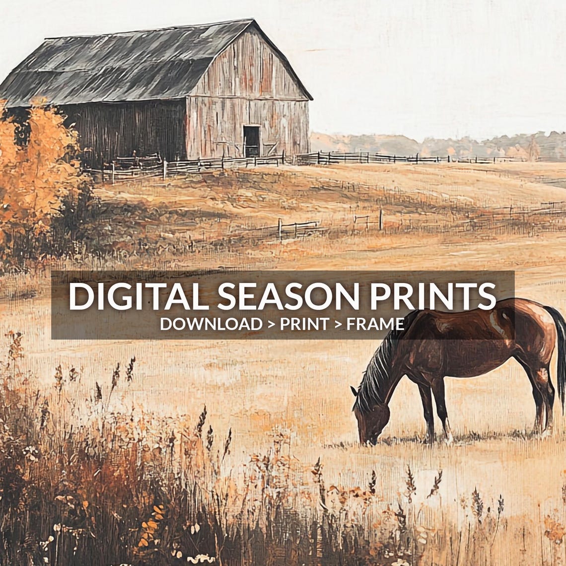 Horse Grazing in a Golden Field Before an Old Barn Autumn Poster - Image 6