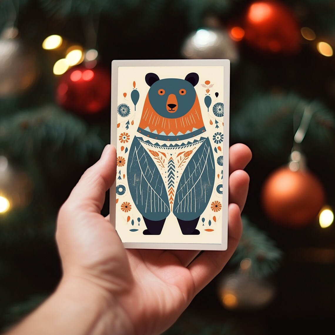 Scandinavian Folk Art Bear Teal Orange Nursery Decor Painting Poster - Image 4
