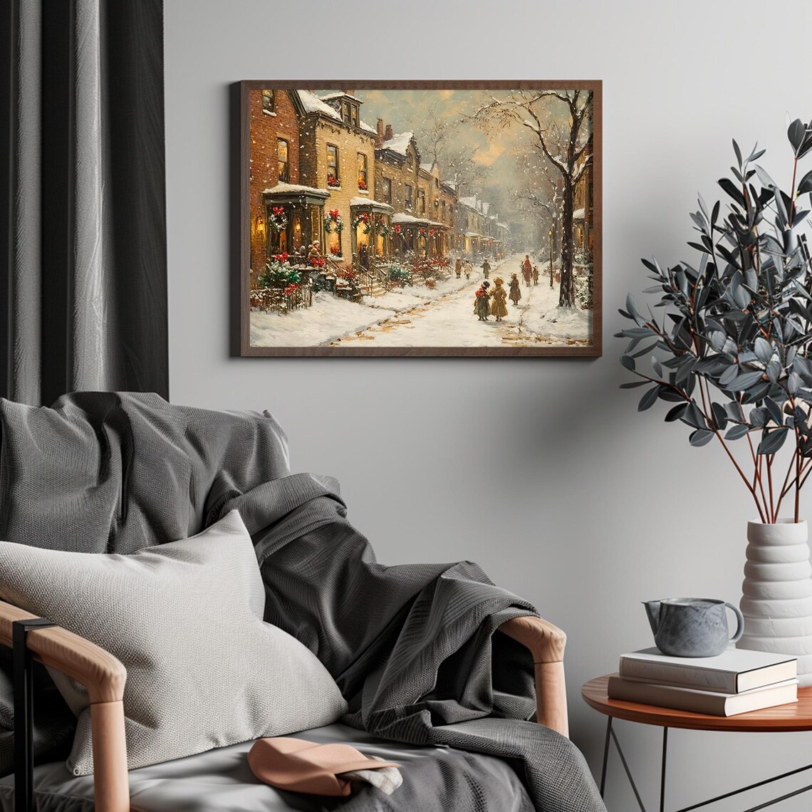 Snowy Christmas Street With Decorated Row Houses And Wreaths Poster - Image 4