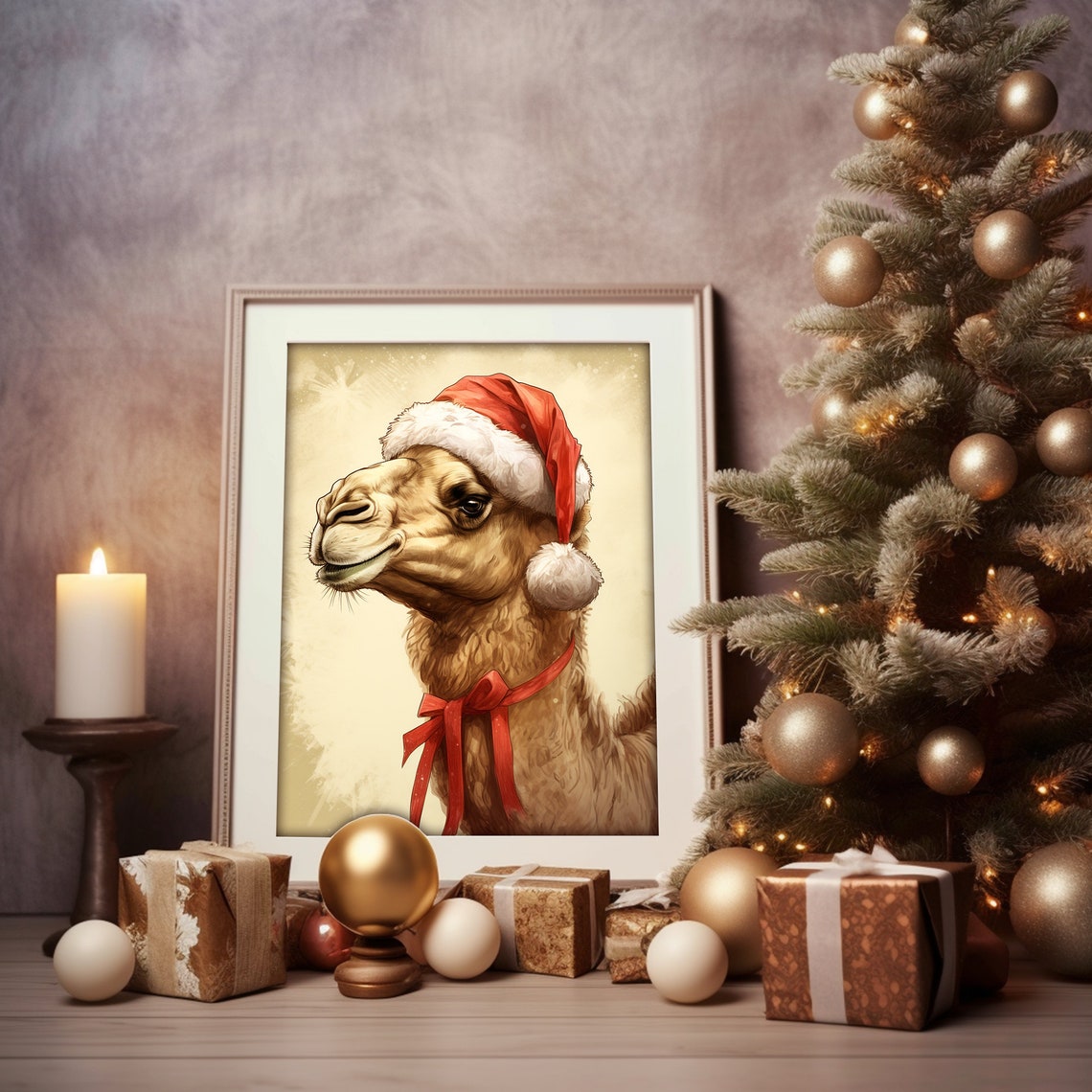 Smiling Camel Wearing Santa Hat Christmas Animal Portrait Poster - Image 2