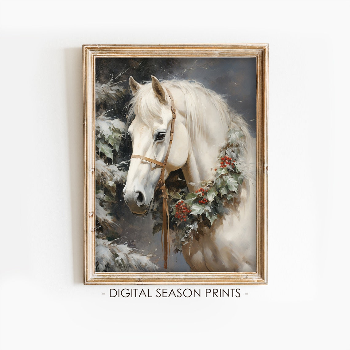White Christmas Horse Wearing Holly Berry Wreath Winter Poster