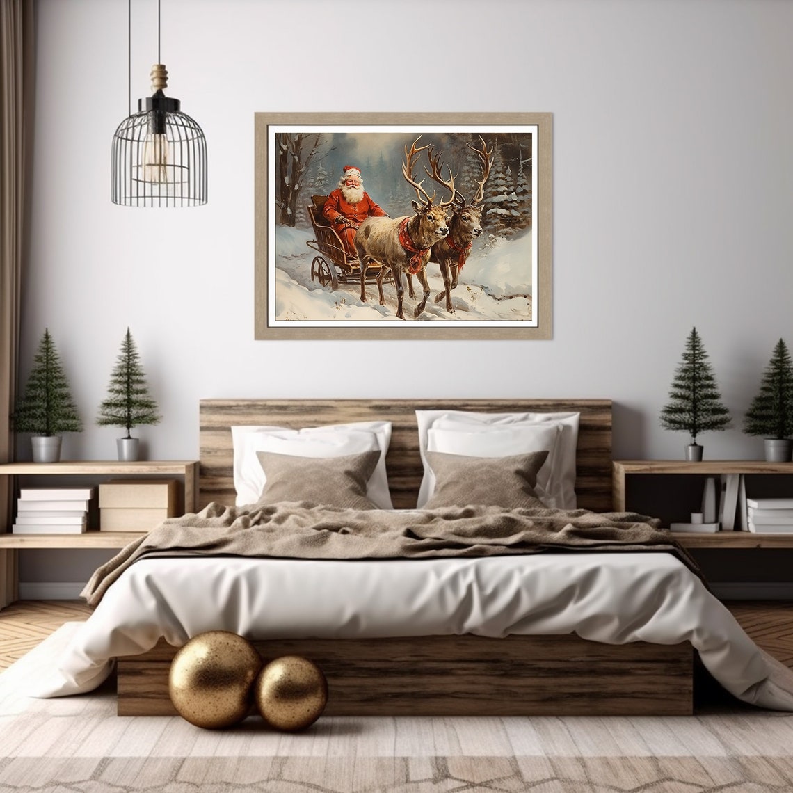 Vintage Santa Claus Sleigh Ride Reindeer Team Snowy Forest Poster - Image 2