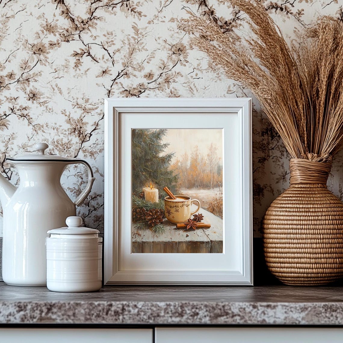 Cozy Winter Hot Cocoa with Candles and Pinecones Still Life Print - Image 4