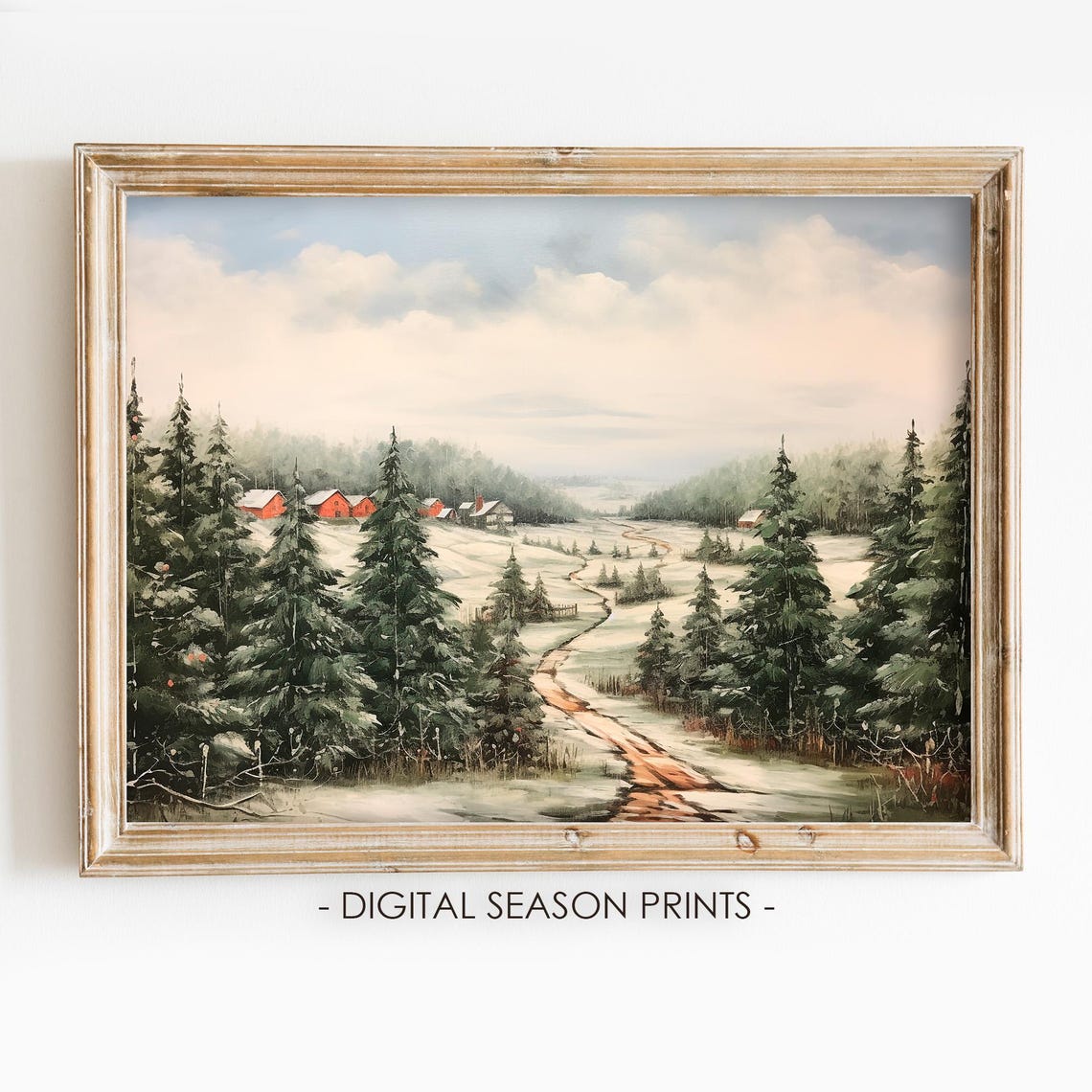 Snowy Pine Forest Path to Red Barn Vintage Christmas Tree Farm Poster