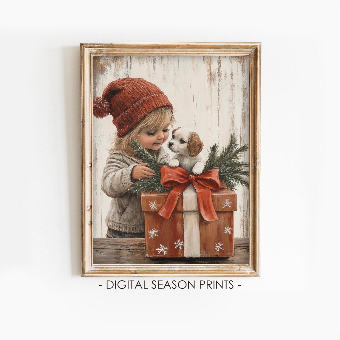 Little Girl in a Red Knit Hat with a Puppy in a Gift Box Poster
