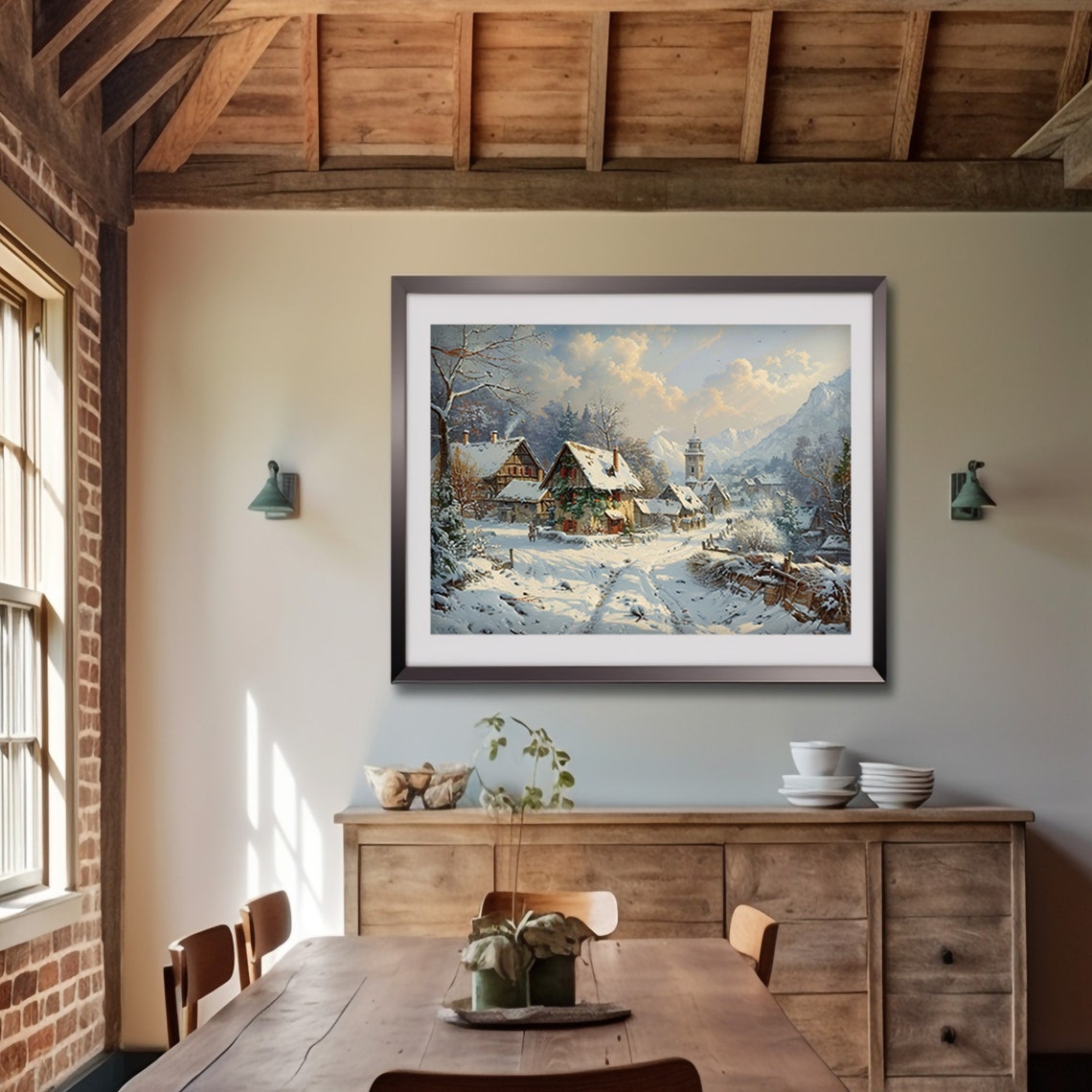 Snowy Christmas Village Church Winter Mountain Landscape Wall Art - Image 6