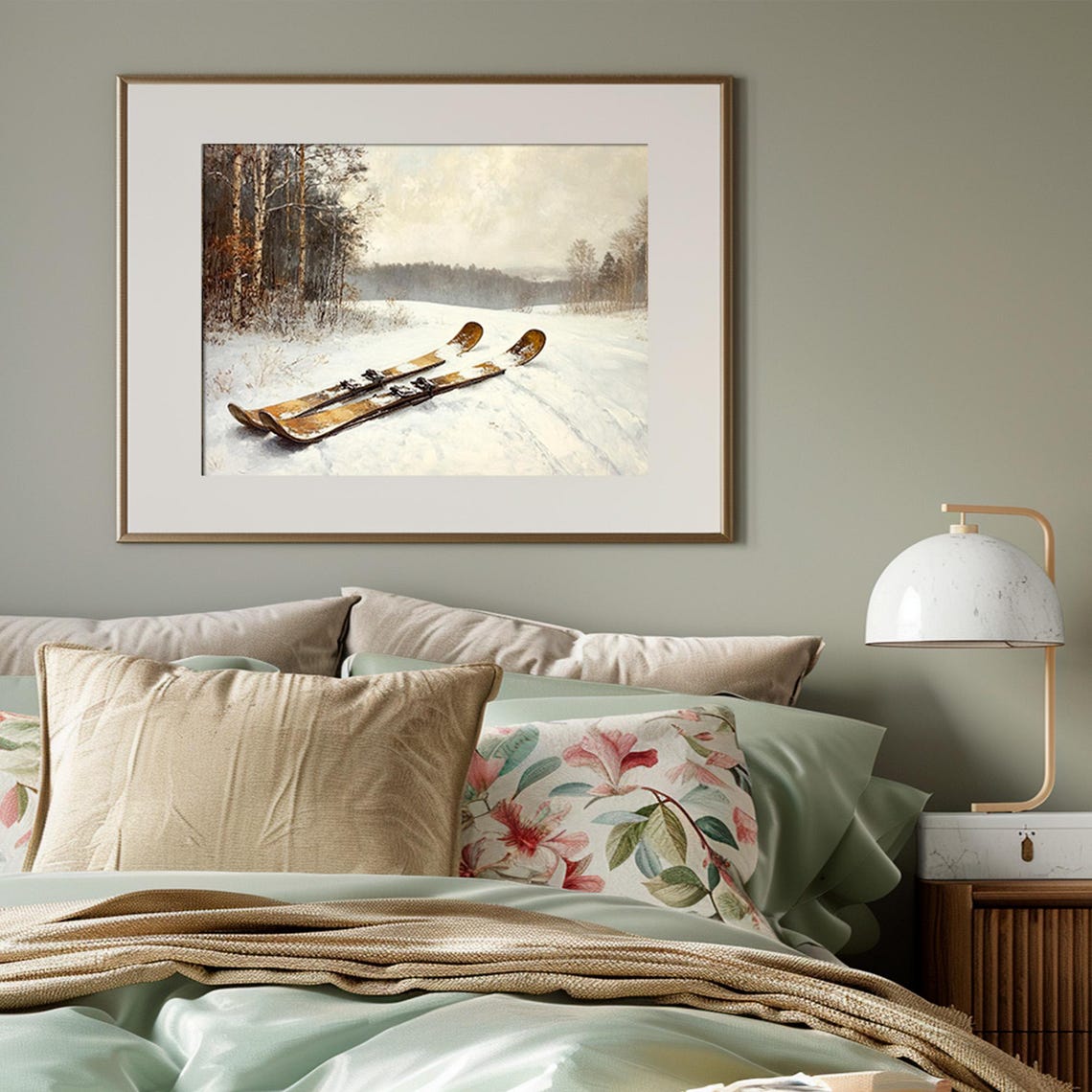 Vintage Wooden Skis Snowy Birch Forest Winter Scene Art Poster - Image 3