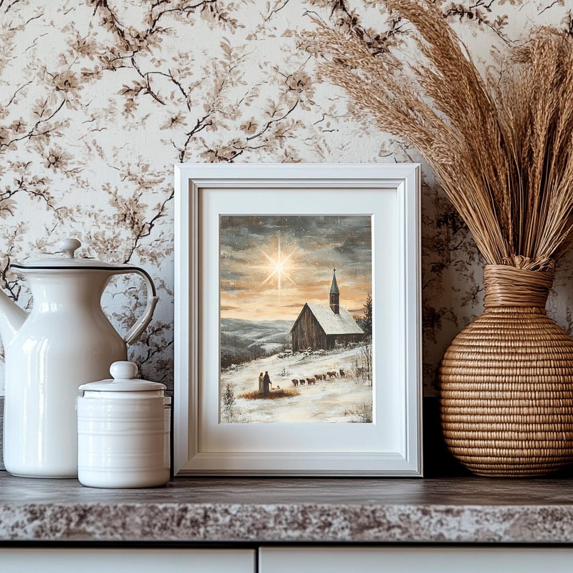 Christmas Star Nativity Scene Snowy Chapel Shepherds Sheep Poster - Image 4