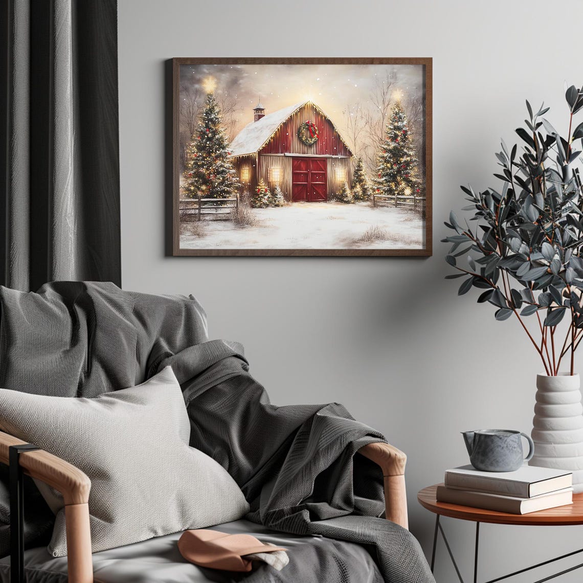 Red Christmas Barn Glowing Trees Snowy Farmhouse Winter Night Poster - Image 6