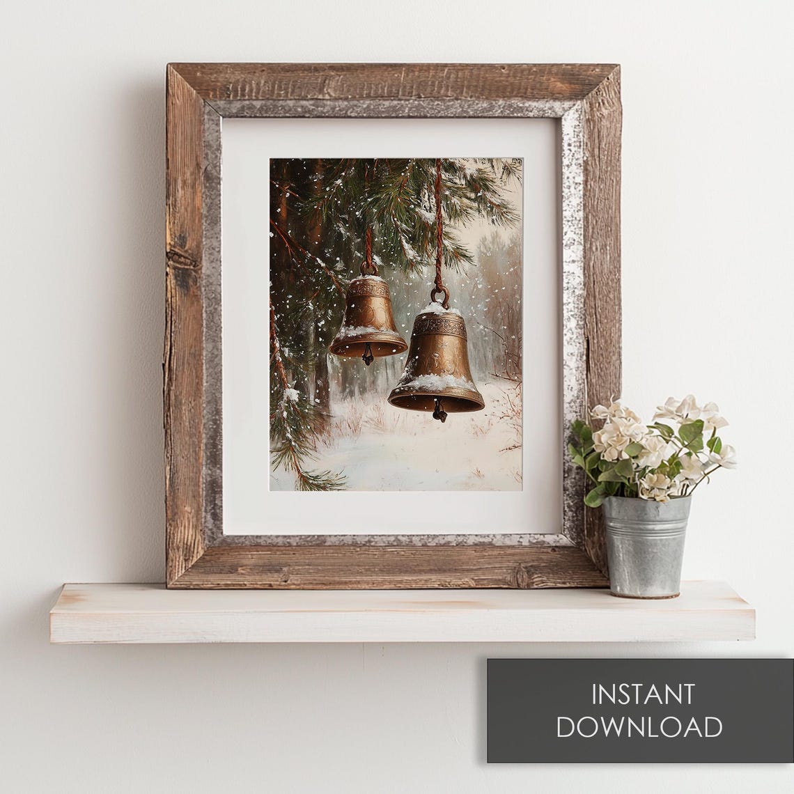 Bronze Church Bells Snowy Pine Branch Vintage Christmas Winter Poster - Image 6