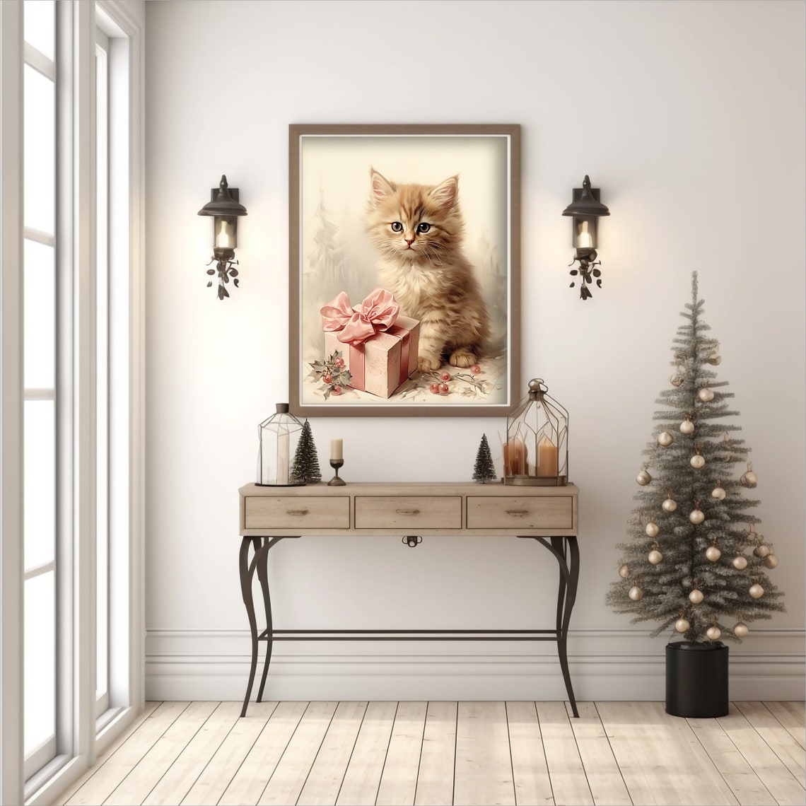 Fluffy Orange Kitten With Pink Gift Box Christmas Holiday Print - Image 2