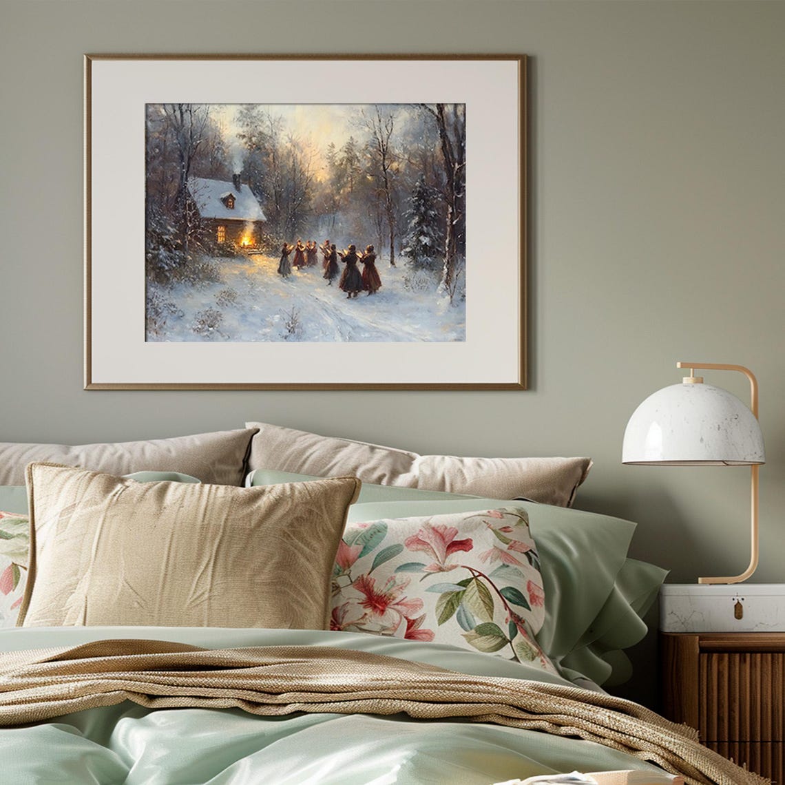 Victorian Christmas Carolers Singing Snowy Cottage Dusk Scene Print - Image 3