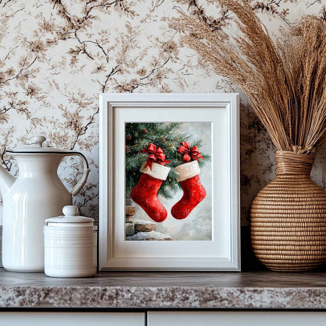 Red Christmas Stockings Hanging From Pine Branch With Bows Poster - Image 4