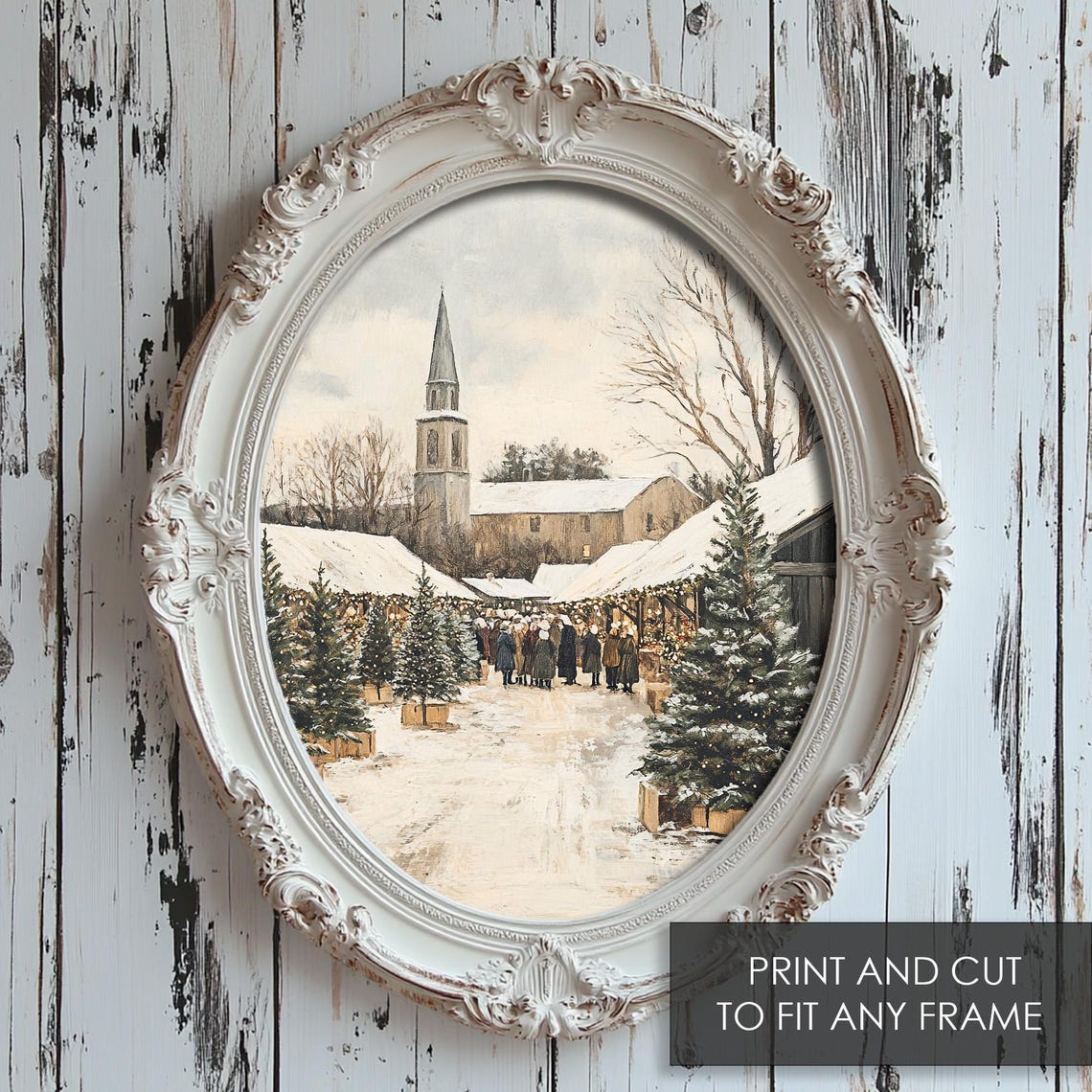 Snow Covered Christmas Tree Market Beside A Church Steeple Poster - Image 5