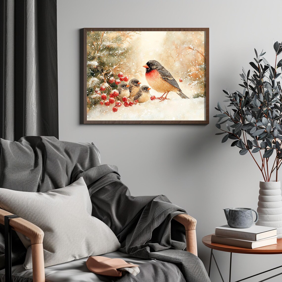 Songbirds Snowy Red Berries Winter Bird Family Nature Poster - Image 4