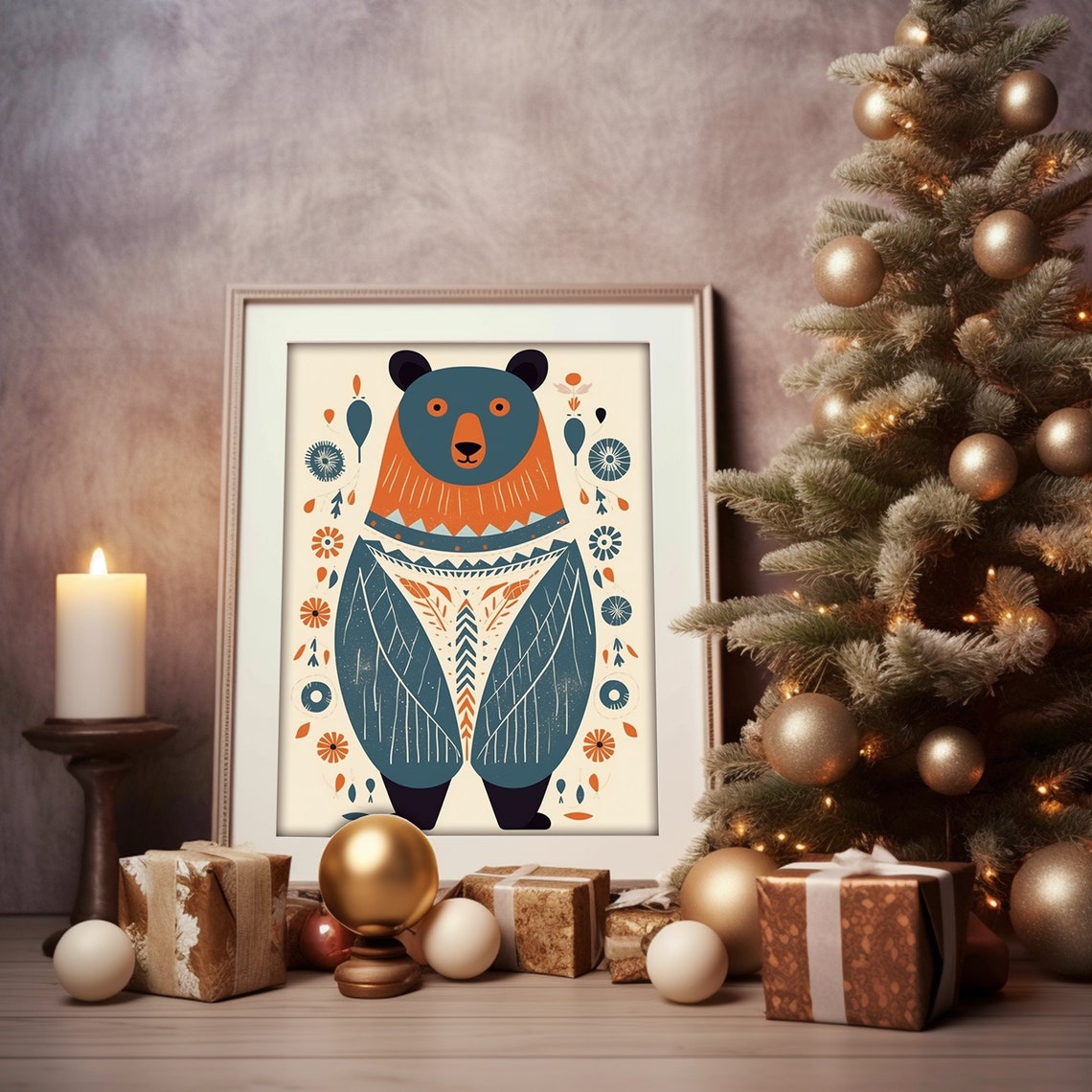 Scandinavian Folk Art Bear Teal Orange Nursery Decor Painting Poster - Image 2