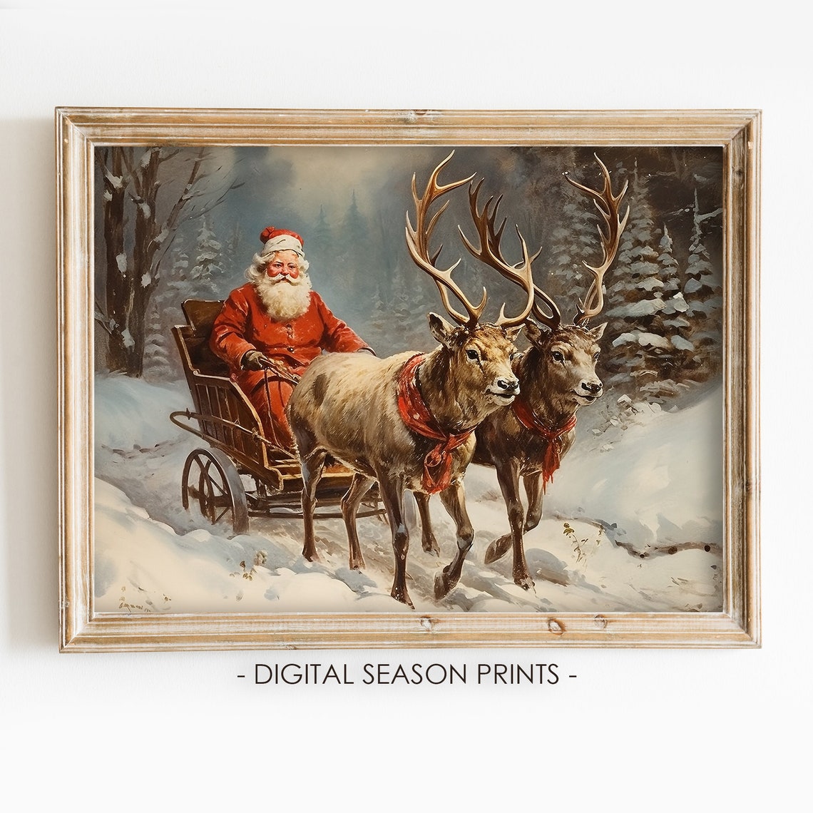 Vintage Santa Claus Sleigh Ride Reindeer Team Snowy Forest Poster