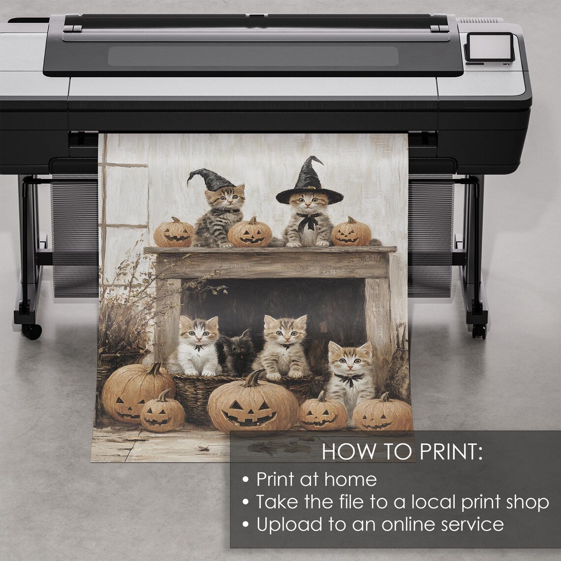 Witch Hat Kittens Fireplace Mantel Pumpkin Display Halloween Cat Poster - Image 5