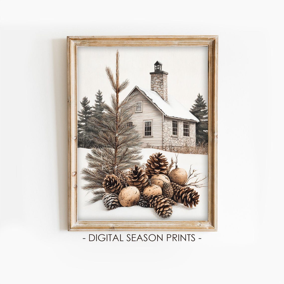 Snowy Cabin Scene With Pinecones Winter Rustic Still Life Poster