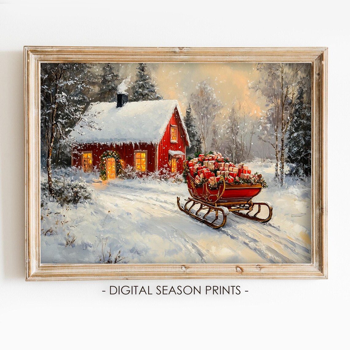Santas Sleigh Full of Gifts by Red Cabin Snow Vintage Christmas Poster