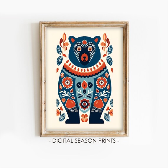 Scandinavian Folk Art Bear Blue Orange Floral Animal Painting Poster