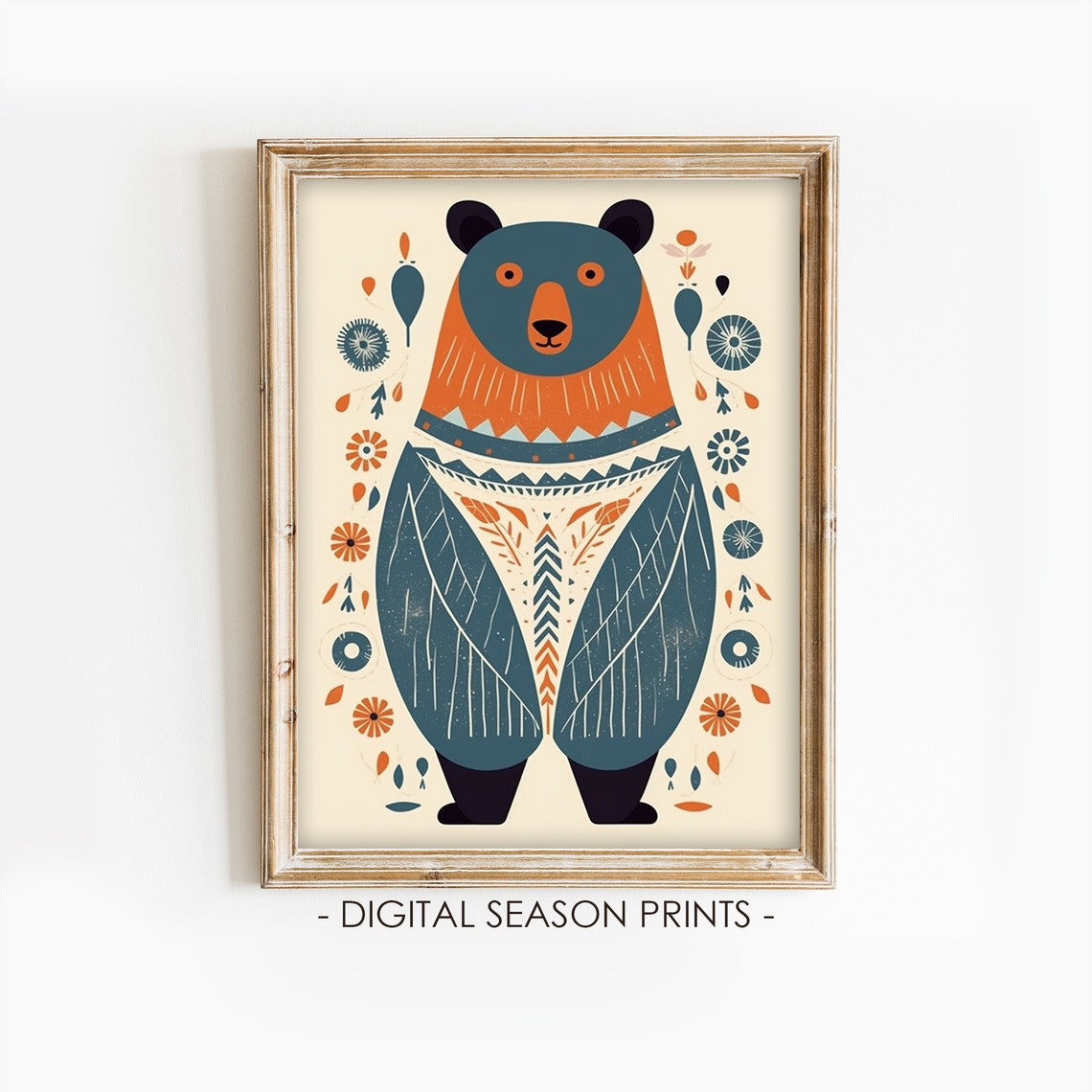 Scandinavian Folk Art Bear Teal Orange Nursery Decor Painting Poster