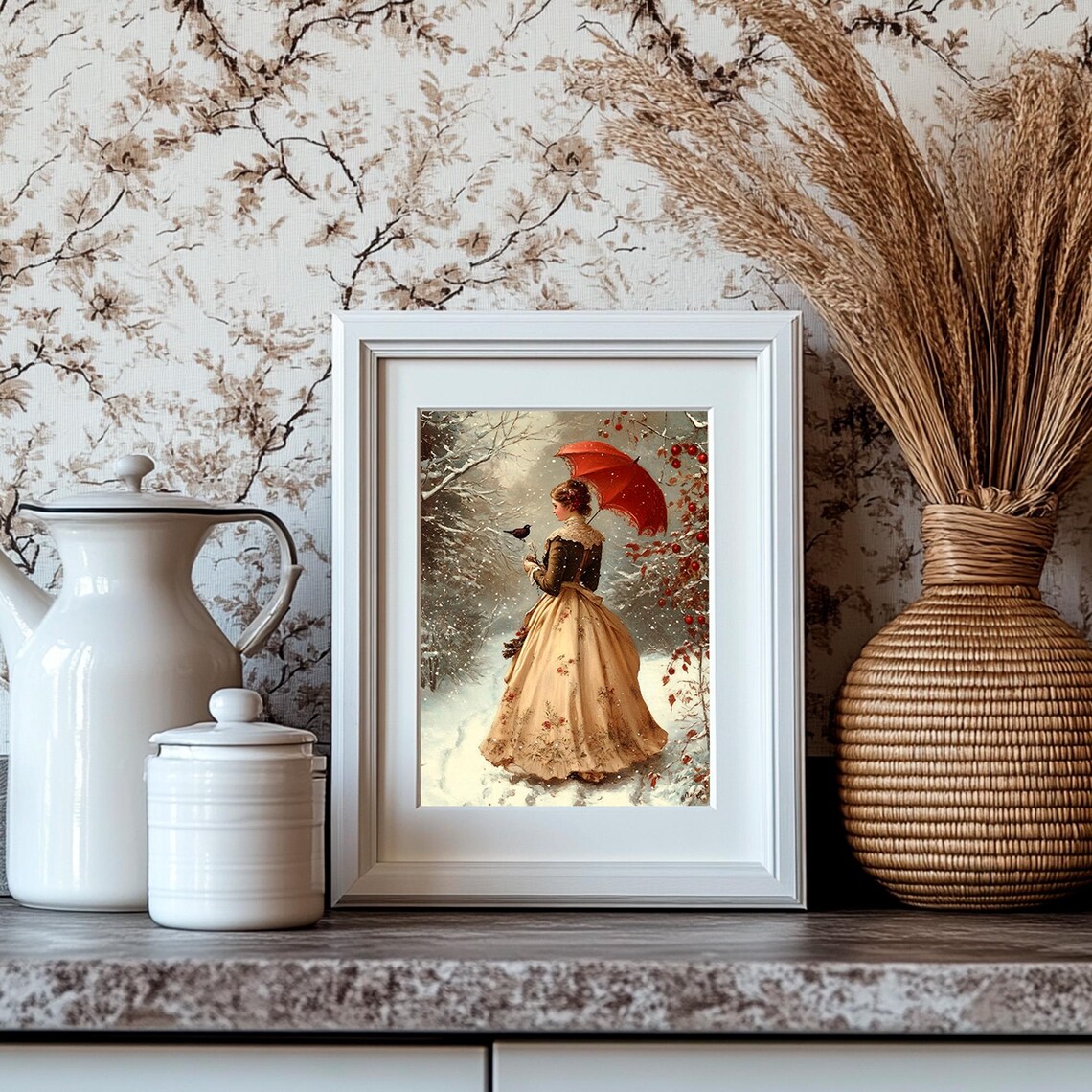 Victorian Lady with Red Umbrella Snowy Winter Garden Painting Poster - Image 4